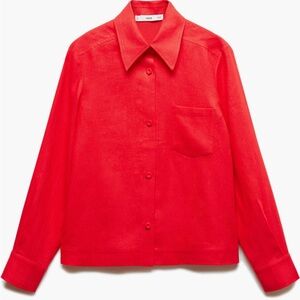 Mango Linen Button Up Shirt Coral Red 8